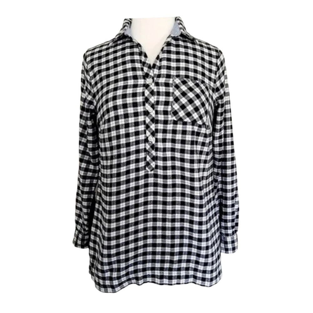 LANDS' END Plaid Flannel Shirt Top POPOVER 1/2 BUTTON-UP Black-White-Blue SZ 10